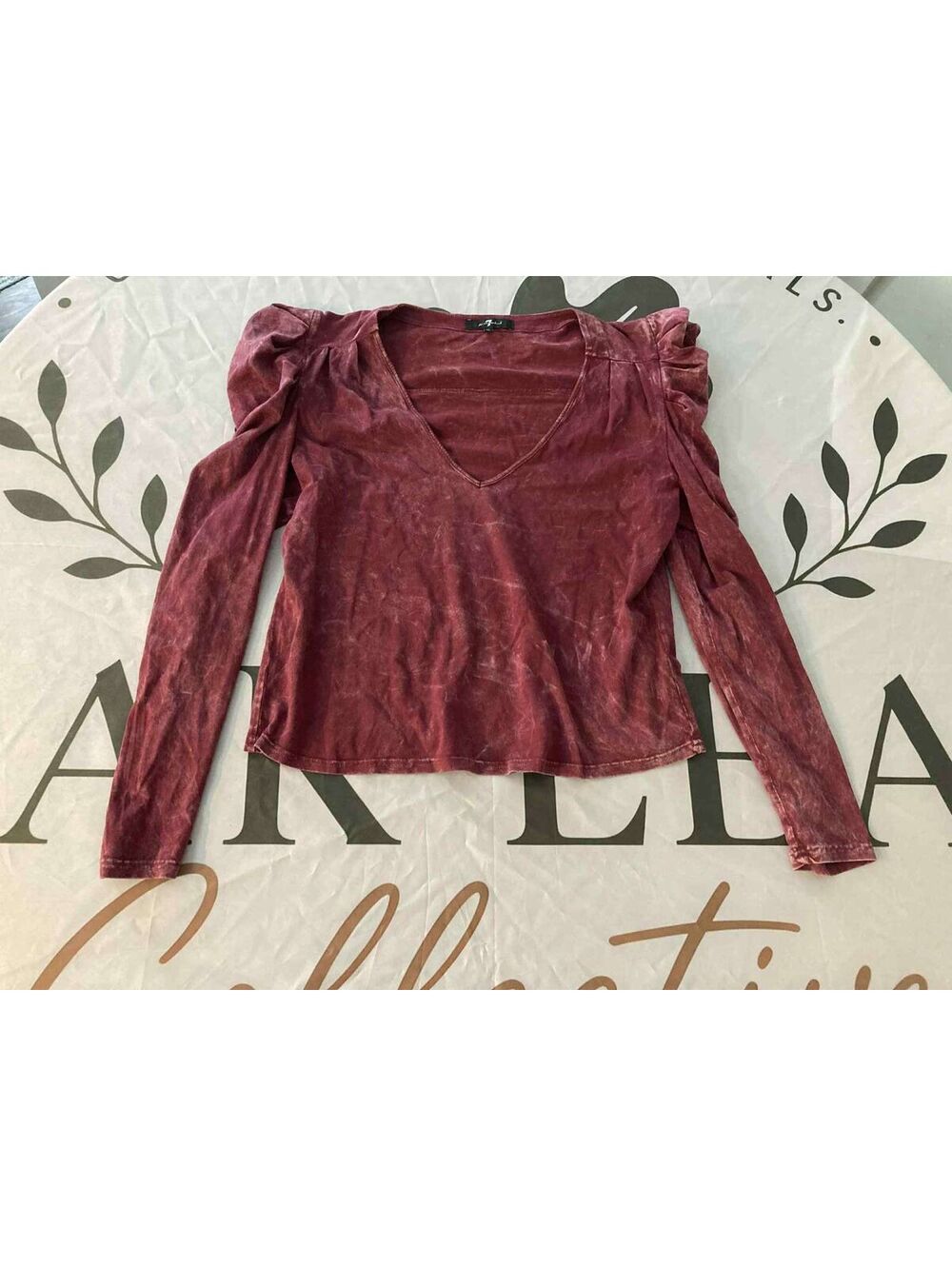 7 For All Mankind Burgundy Long Sleeve V-Neck Top with Puff Shoulders, Size M